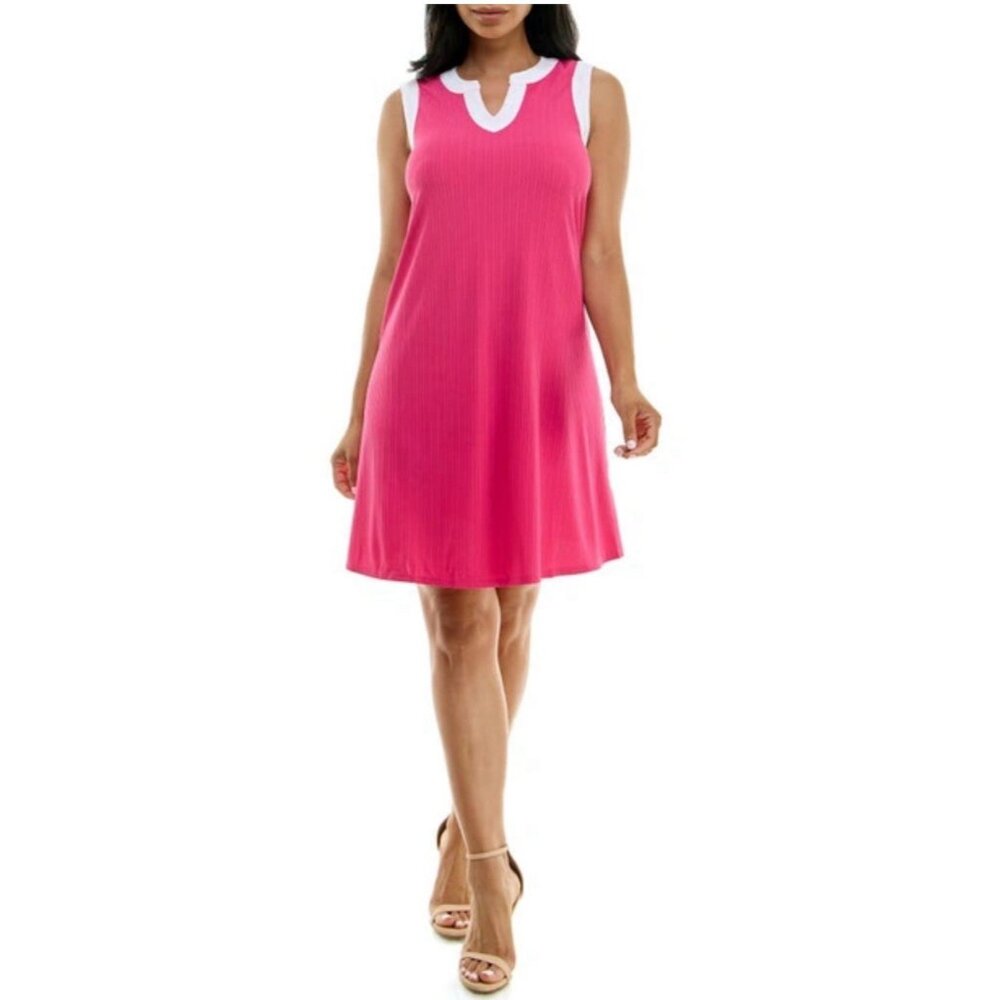 Nina Leonard Sleeveless Pleated Knit Dress Bright Pink White Trim M Beach Cruise